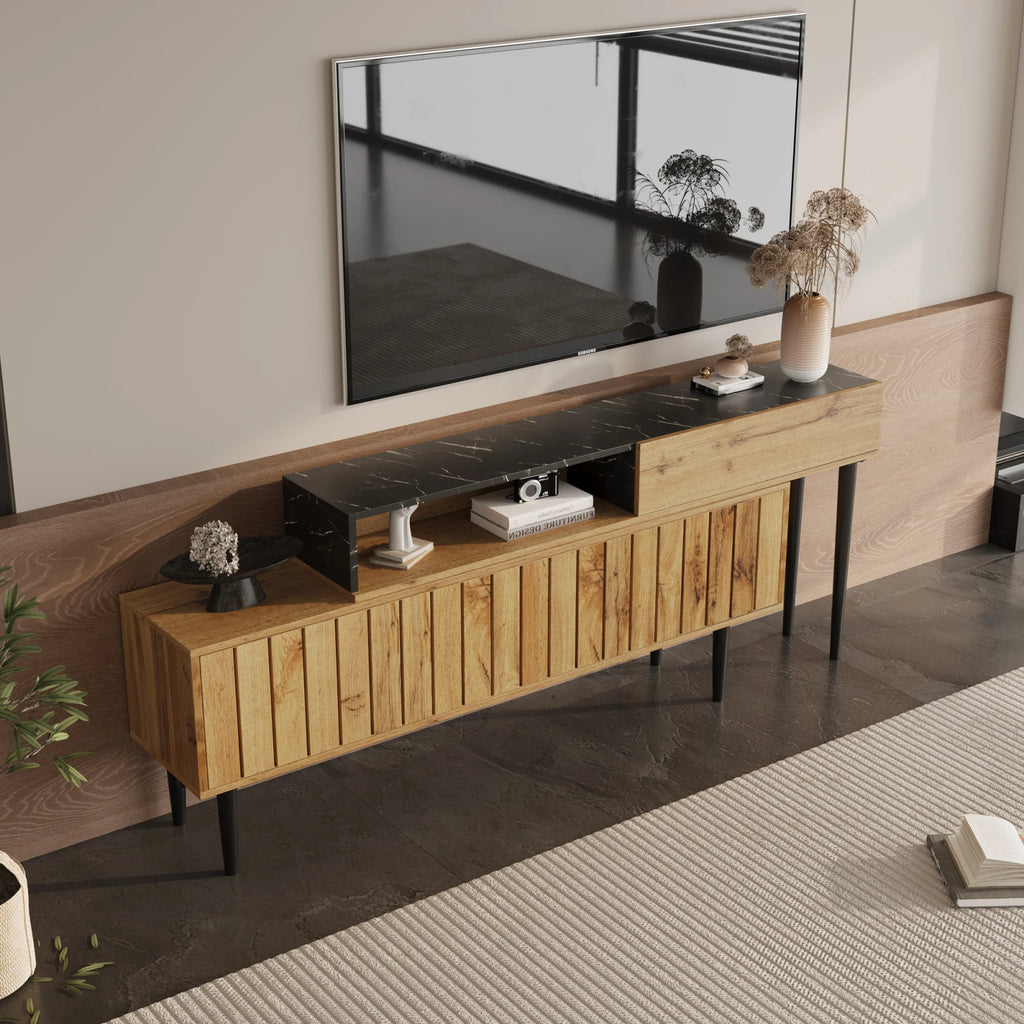 Modern TV Bench with Marble and Wood Grain Design