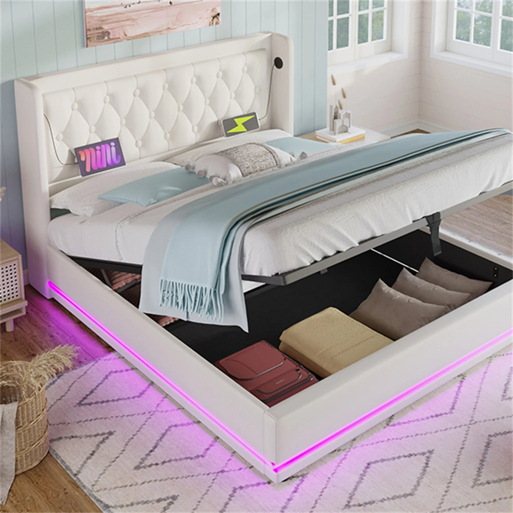 Мягкая кровать с ящиками для хранения, светодиодной подсветкой и зарядкой через USB-C | LUMORA