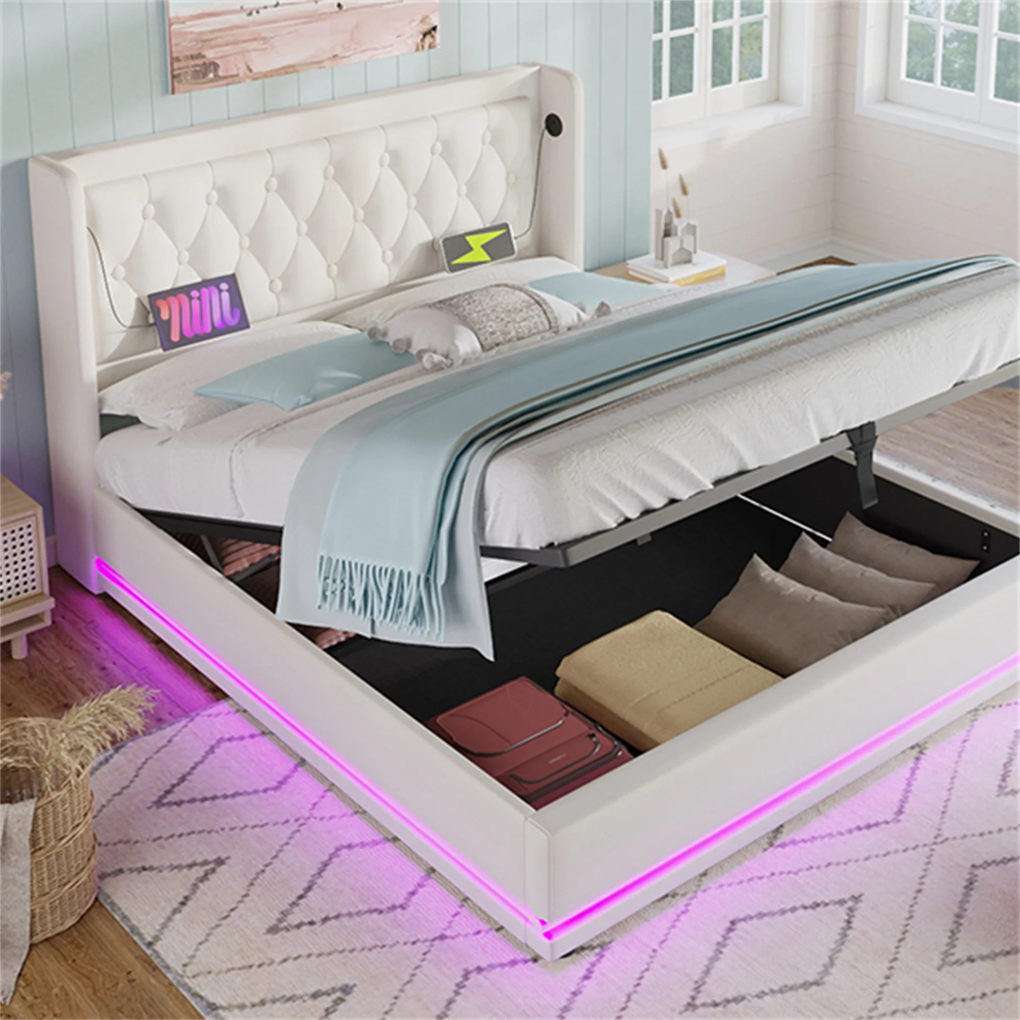Мягкая кровать с ящиками для хранения, светодиодной подсветкой и зарядкой через USB-C | LUMORA