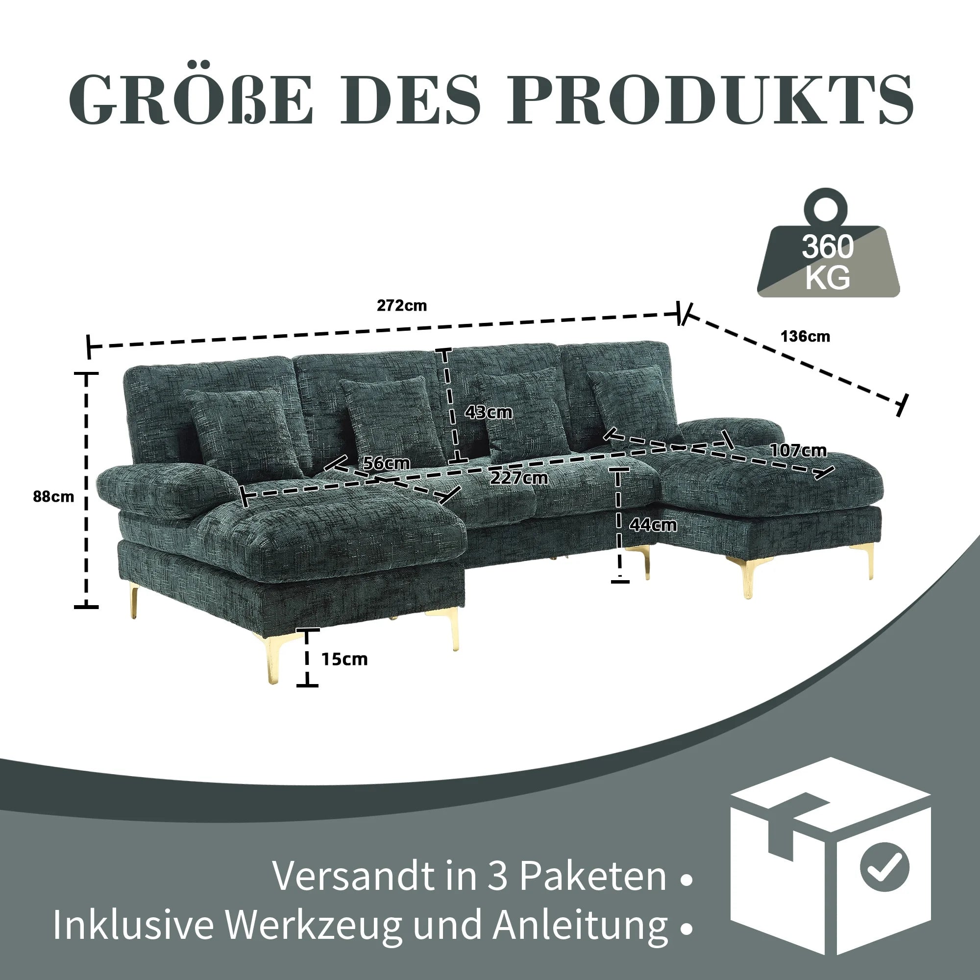 Роскошный U-образный бархатный диван с золотистыми металлическими ножками и отделкой из синели | LUMORA