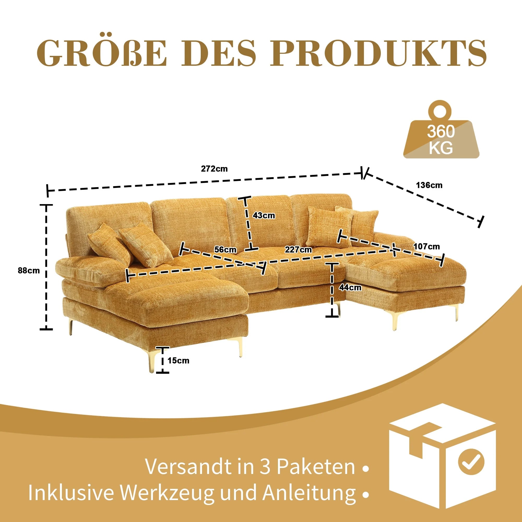 Роскошный U-образный бархатный диван с золотистыми металлическими ножками и отделкой из синели | LUMORA