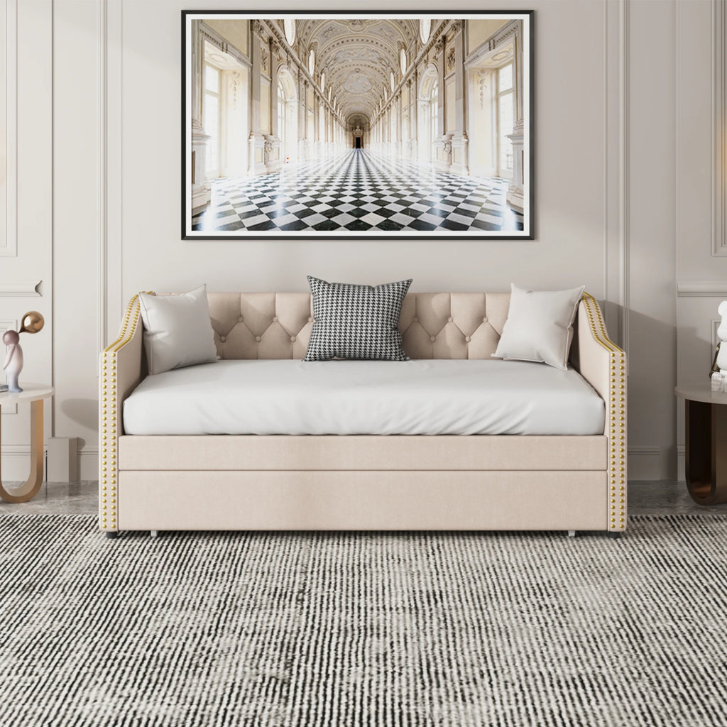 Divano per bambini con meccanismo estraibile - Rivestimento in lino beige | LUMORA