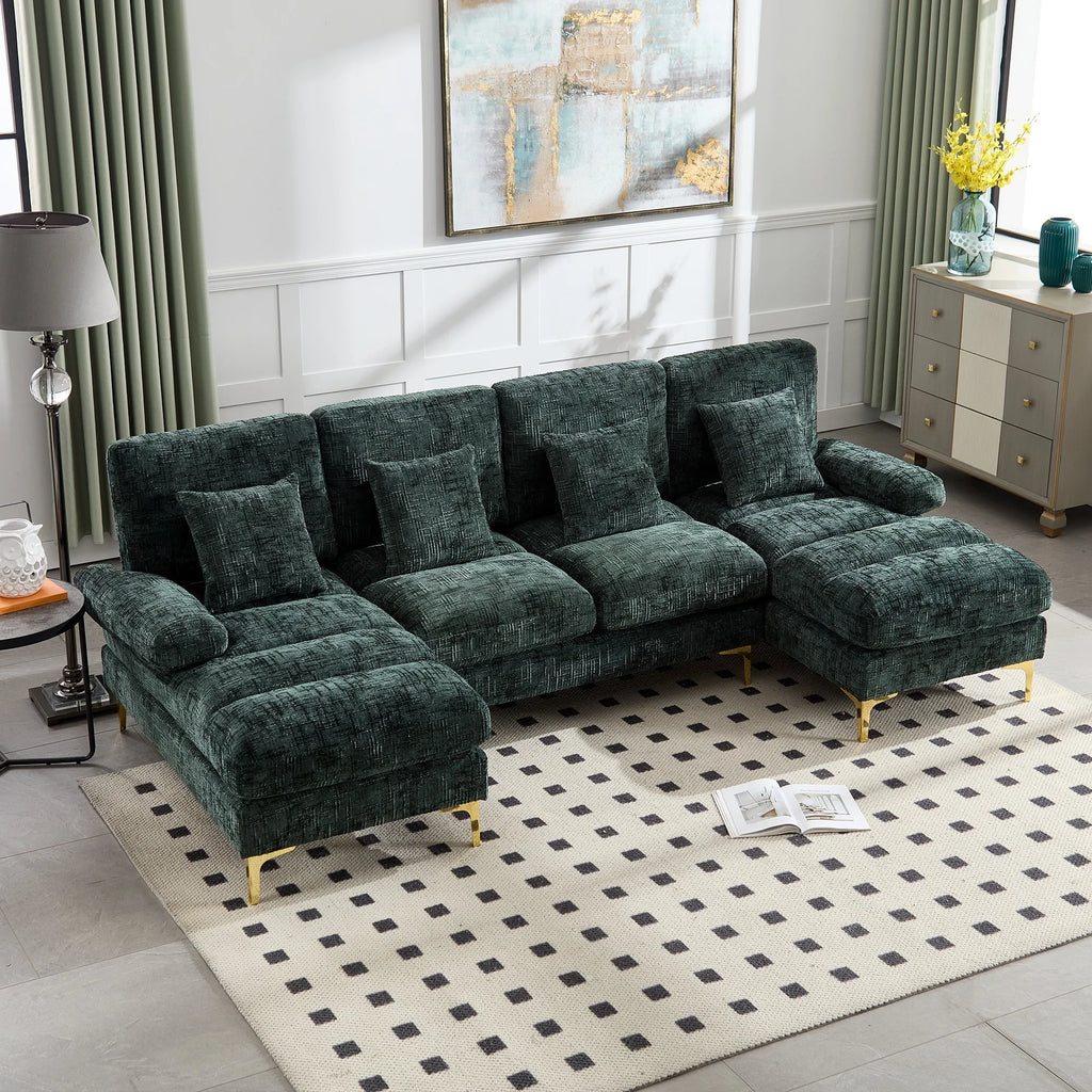 Роскошный U-образный бархатный диван с золотистыми металлическими ножками и отделкой из синели | LUMORA