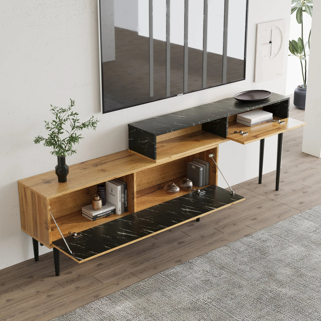 Modern TV Bench with Marble and Wood Grain Design