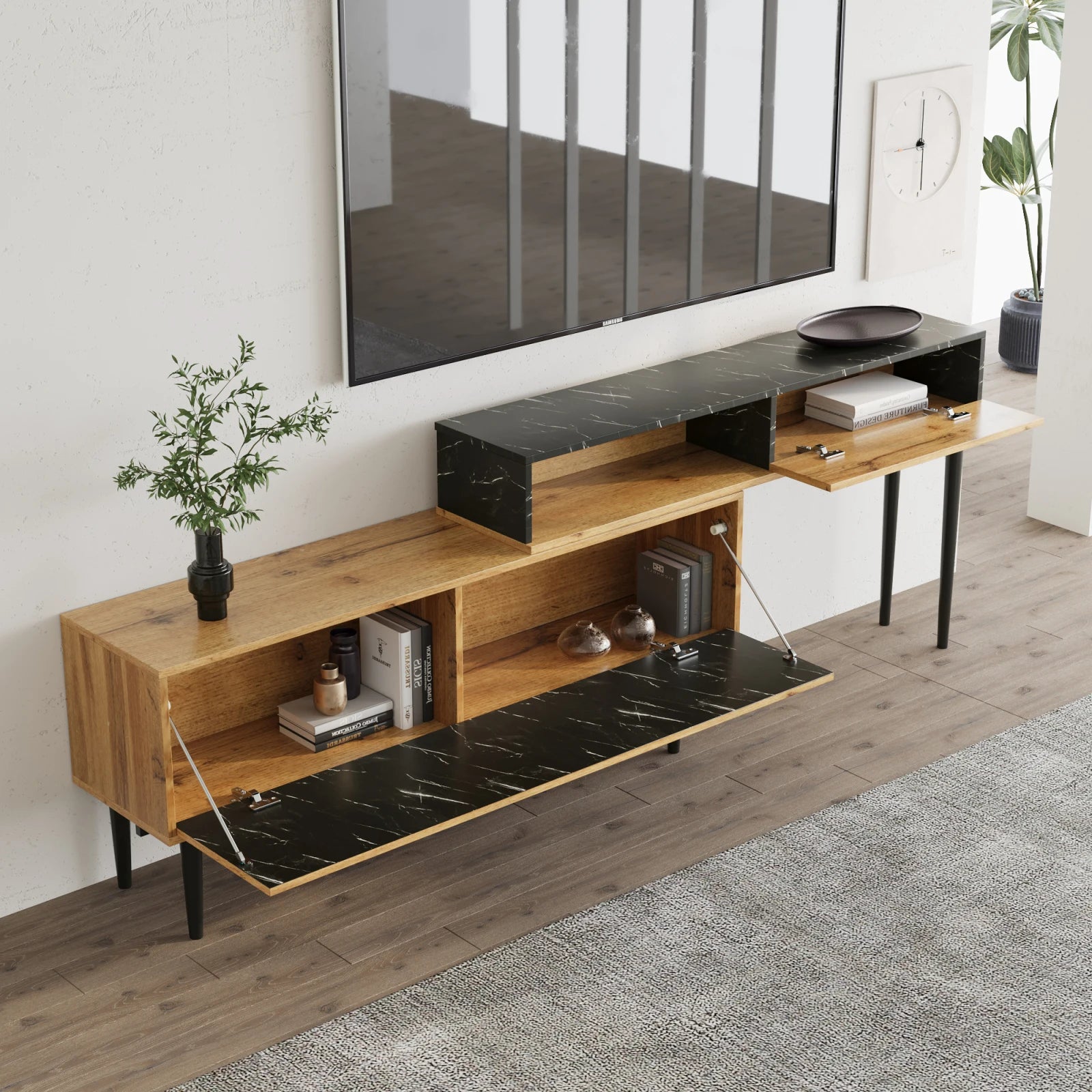Modern TV Bench with Marble and Wood Grain Design