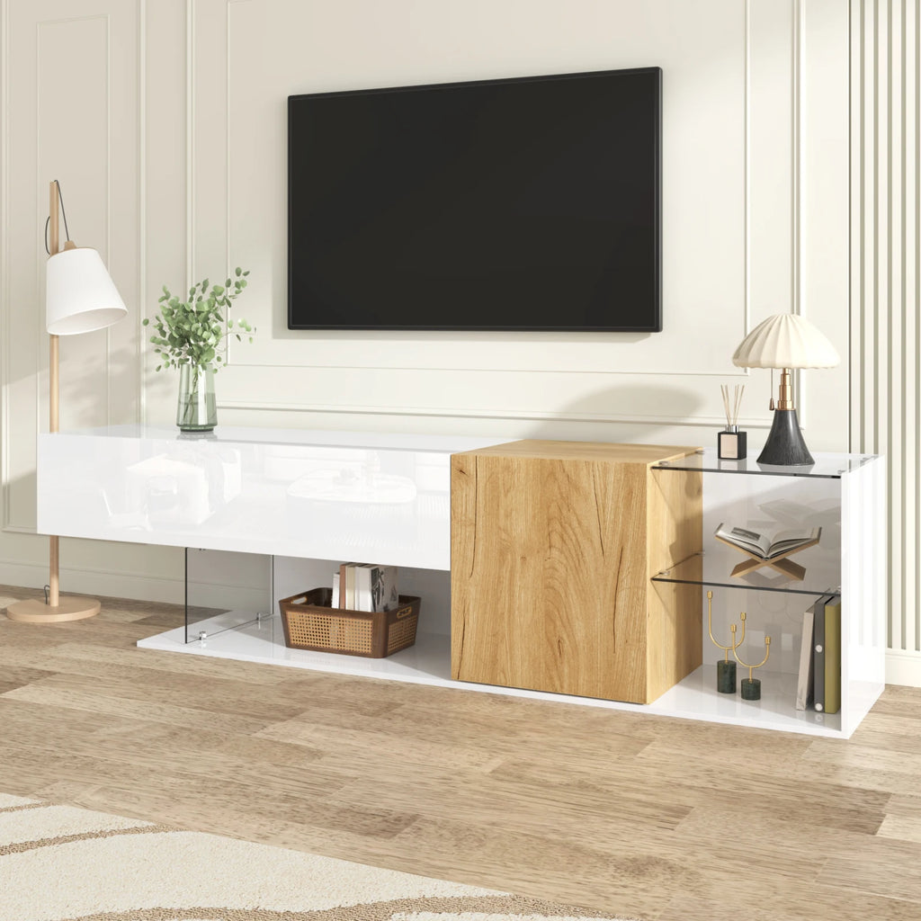 High Modern TV Bench - White & Wood 30kg Capacity | LUMORA