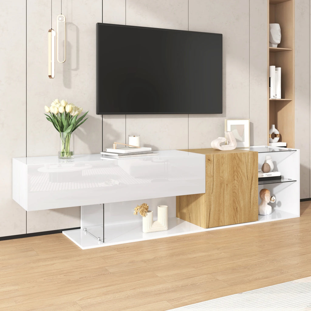 High Modern TV Bench - White & Wood 30kg Capacity | LUMORA