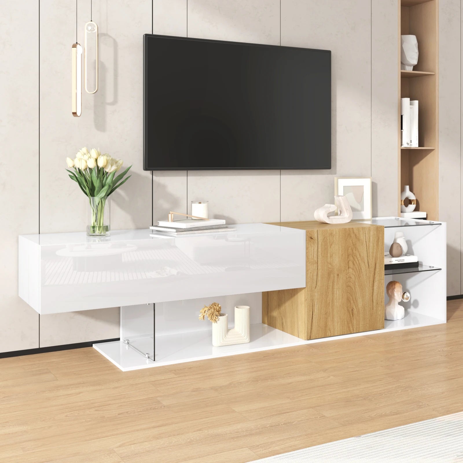 High Modern TV Bench - White & Wood 30kg Capacity | LUMORA