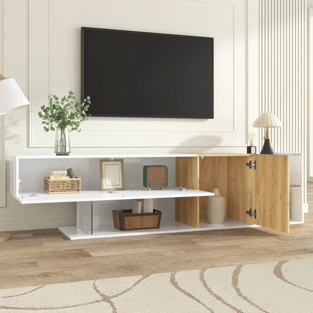 High Modern TV Bench - White & Wood 30kg Capacity | LUMORA