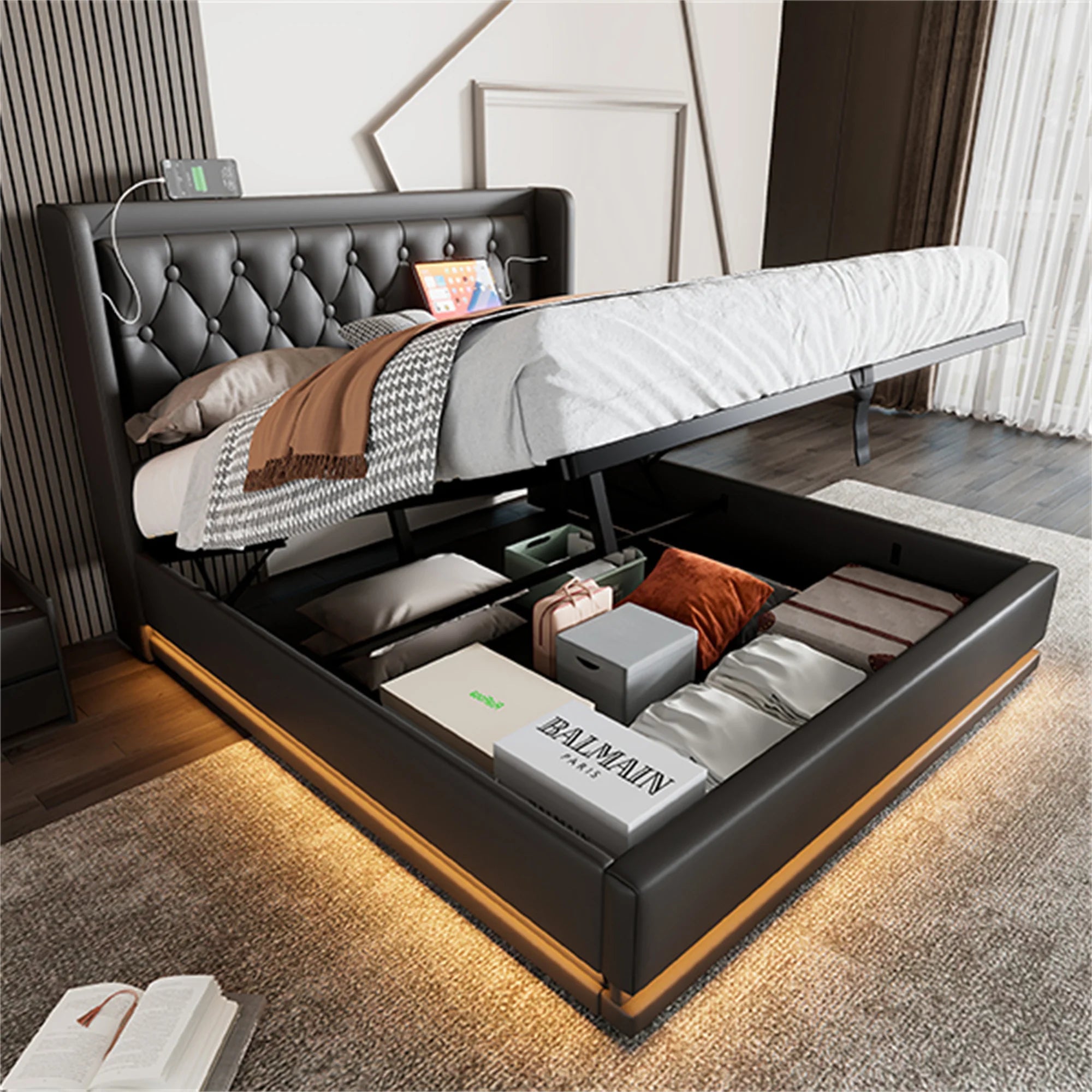 Мягкая кровать с ящиками для хранения, светодиодной подсветкой и зарядкой через USB-C | LUMORA