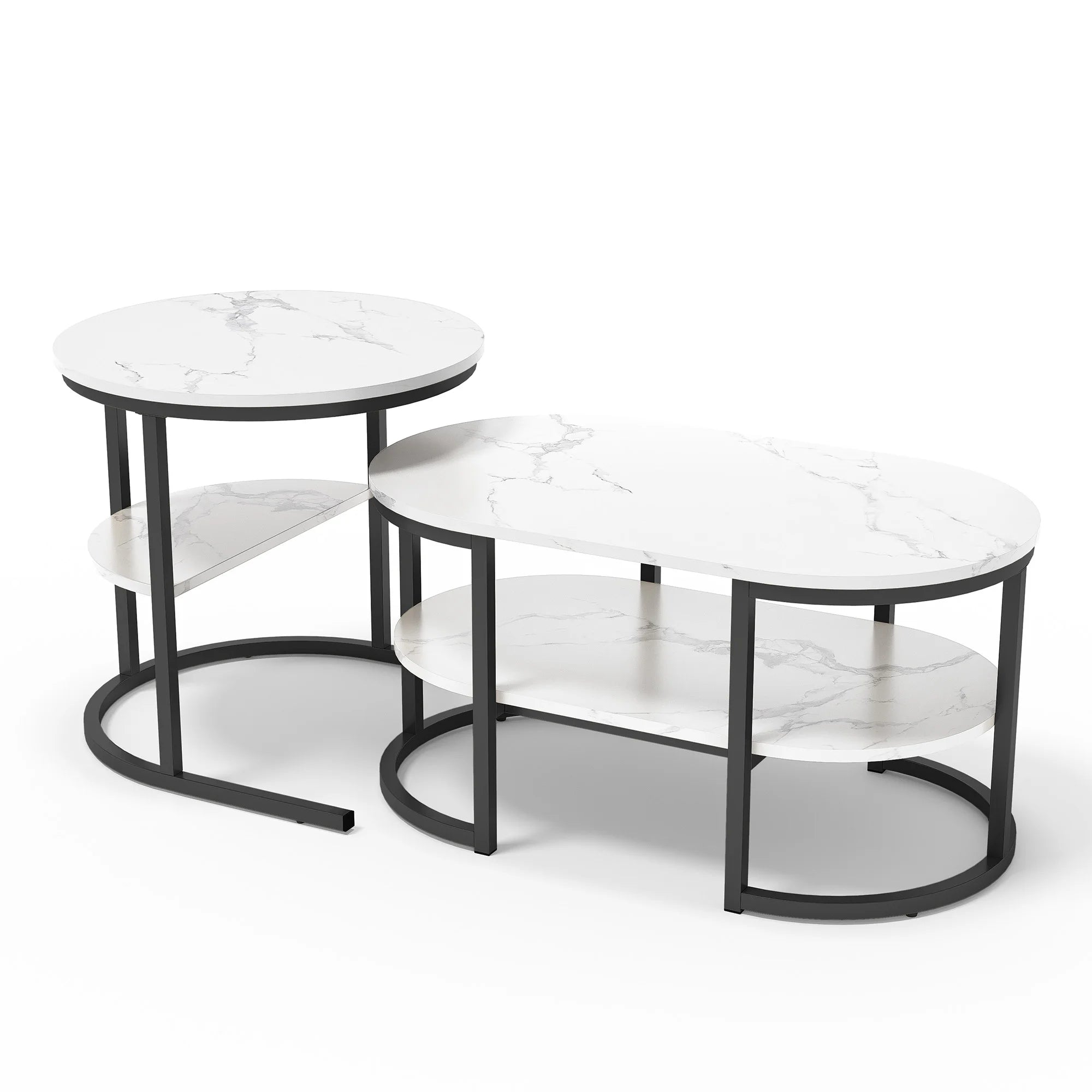 Set of 2 Sofa Side Tables - Marble Pattern & Metal | LUMORA