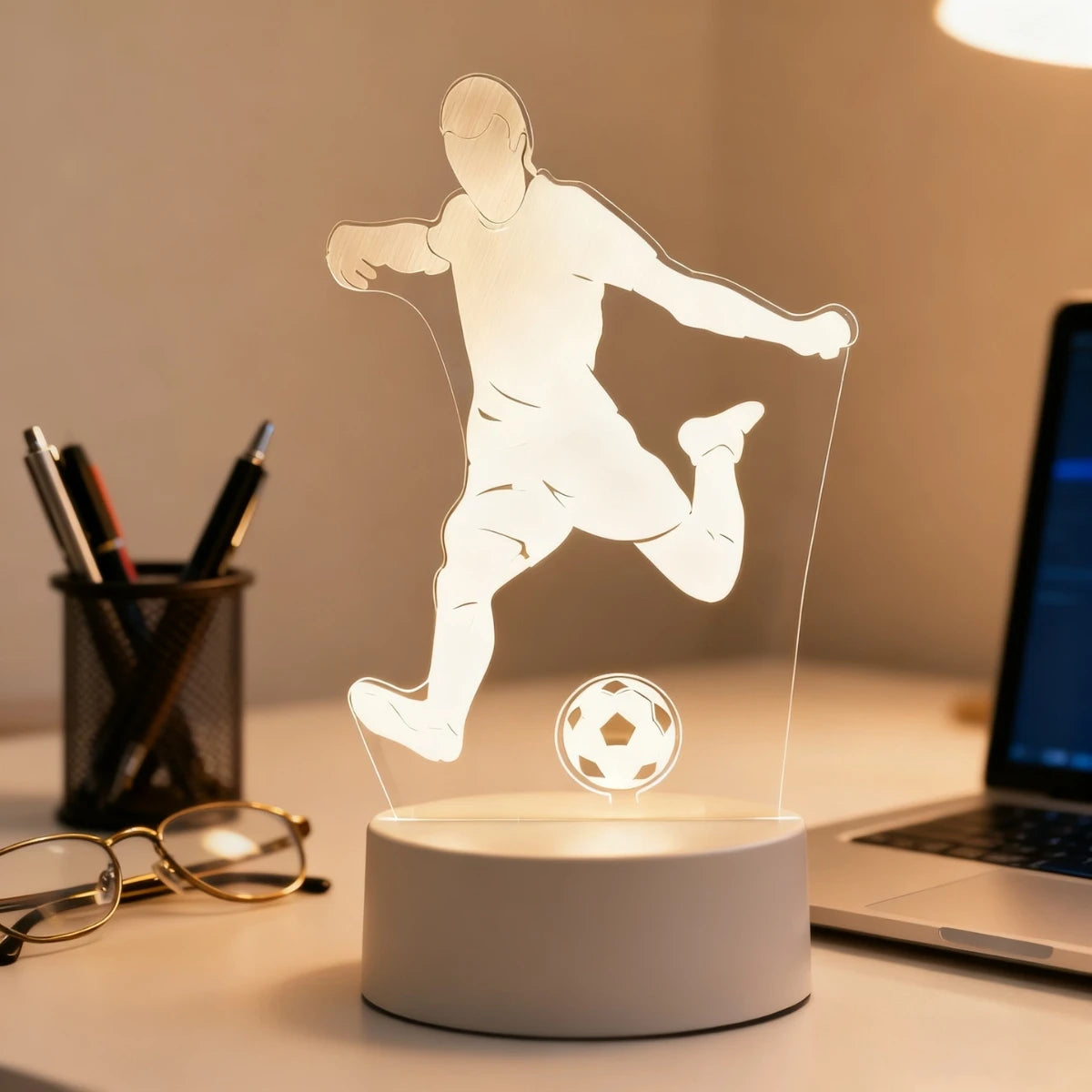3D настольная лампа в виде футбольного игрока с мячом - подарок для любителя спорта | LUMORA