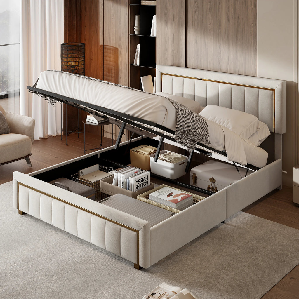 Velvet Upholstered Storage Bed - Gold Metal Frame & Hydraulic Lift | LUMORA