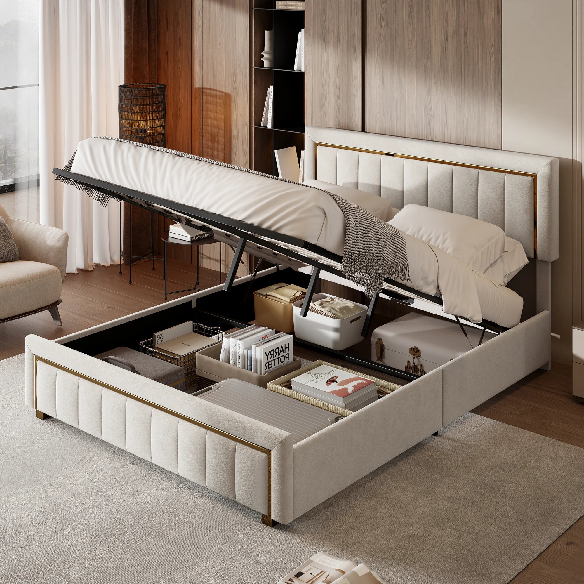 Кровать с бархатной обивкой и ящиками для хранения вещей - золотистый металлический каркас и гидравлический подъемник | LUMORA