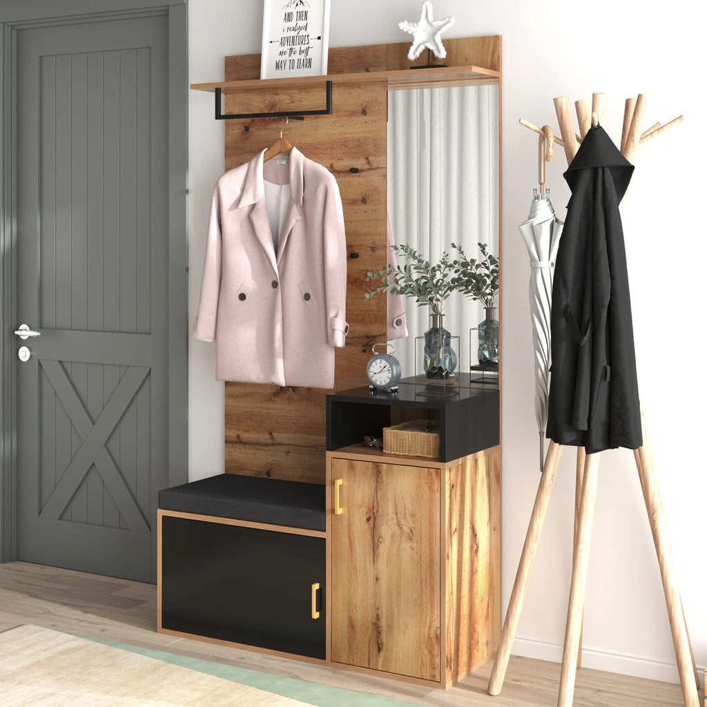 Wardrobe set with 4 coat hooks and mirror