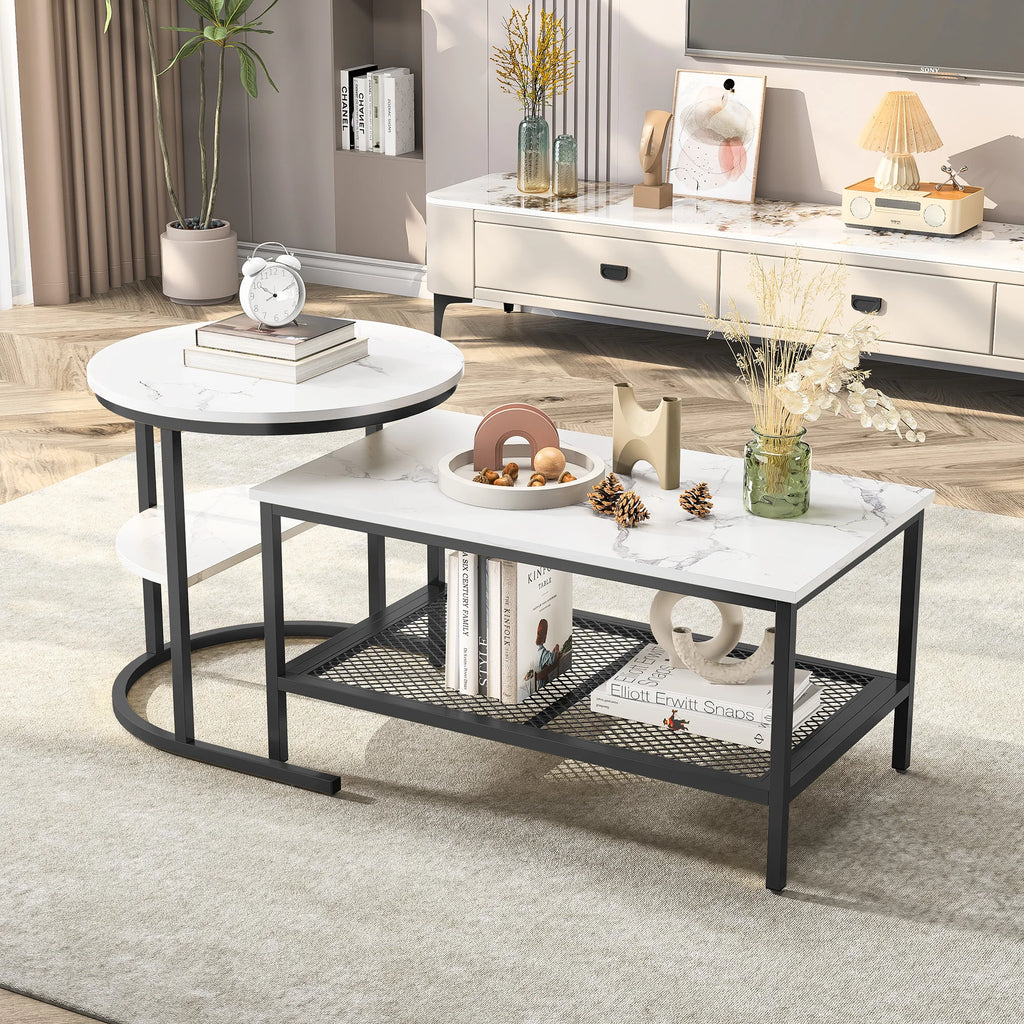 Set of 2 Sofa Side Tables - Marble Pattern & Metal | LUMORA