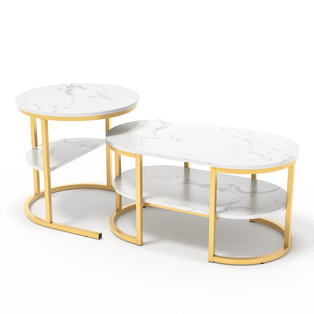 Set of 2 Sofa Side Tables - Marble Pattern & Metal | LUMORA