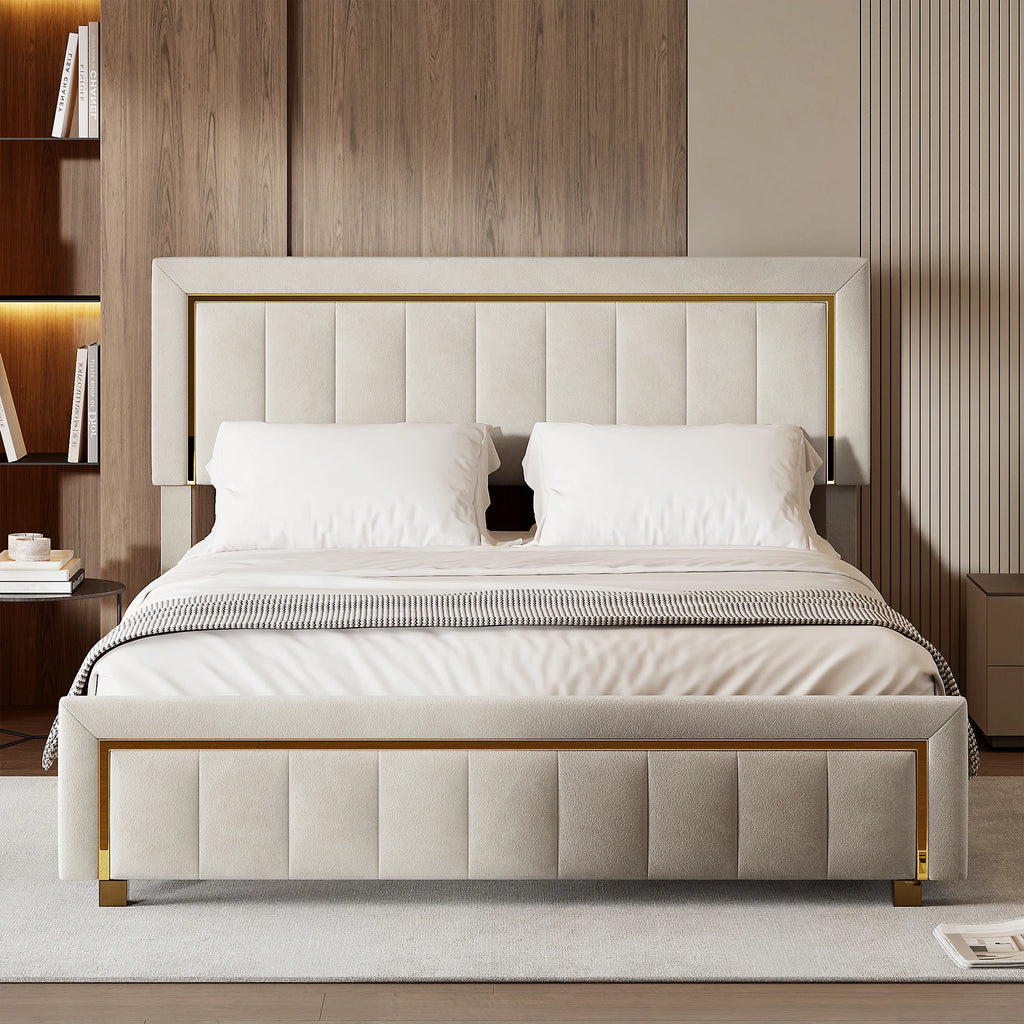 Кровать с бархатной обивкой и ящиками для хранения вещей - золотистый металлический каркас и гидравлический подъемник | LUMORA