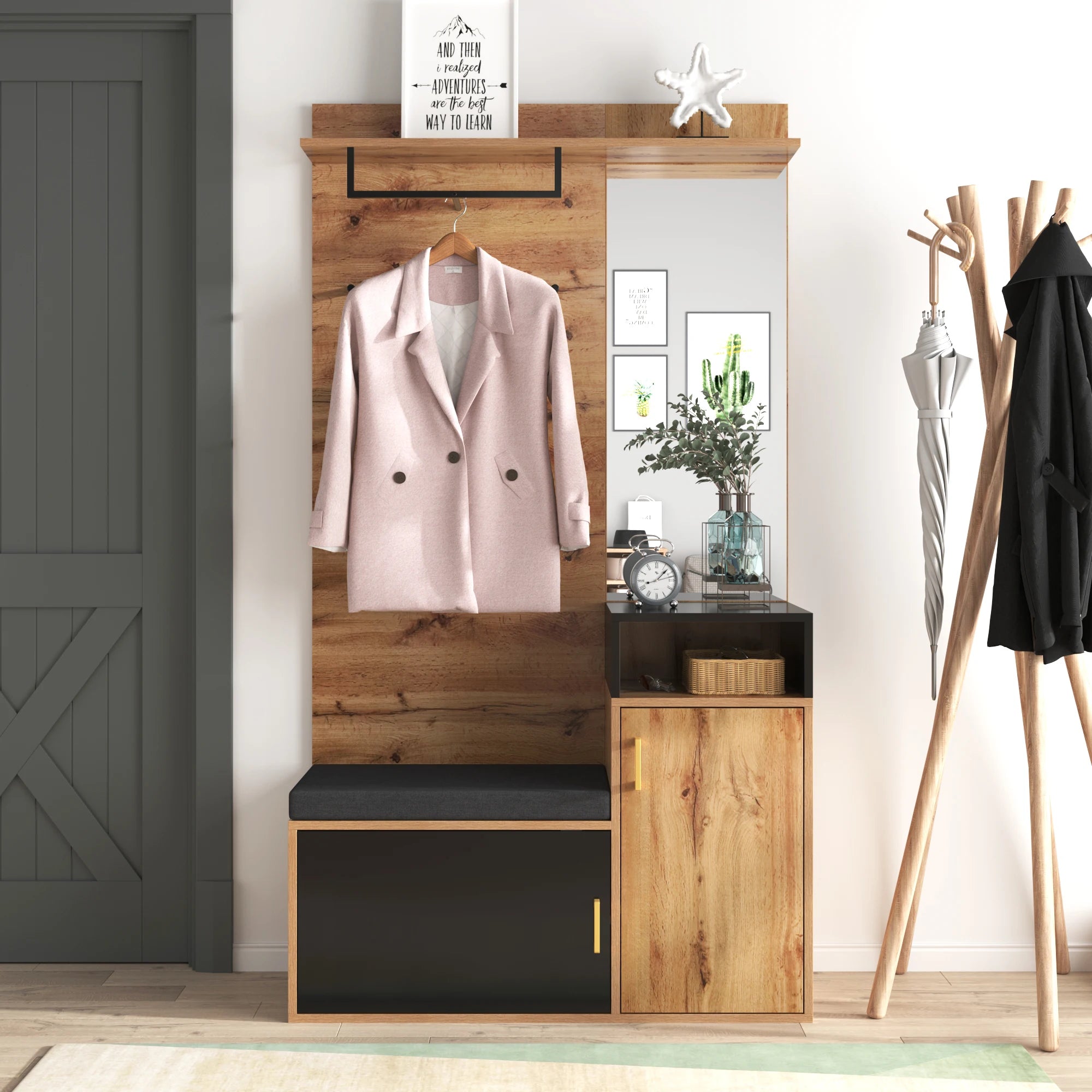 Wardrobe set with 4 coat hooks and mirror