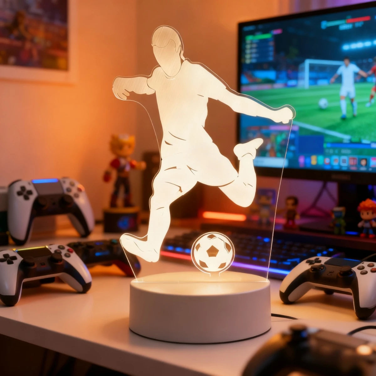 3D настольная лампа в виде футбольного игрока с мячом - подарок для любителя спорта | LUMORA
