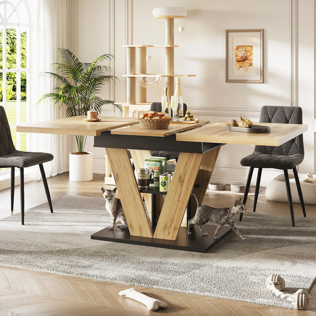 Extendable Dining Table - Wood Grain MDF & V-Shaped Metal Legs | LUMORA