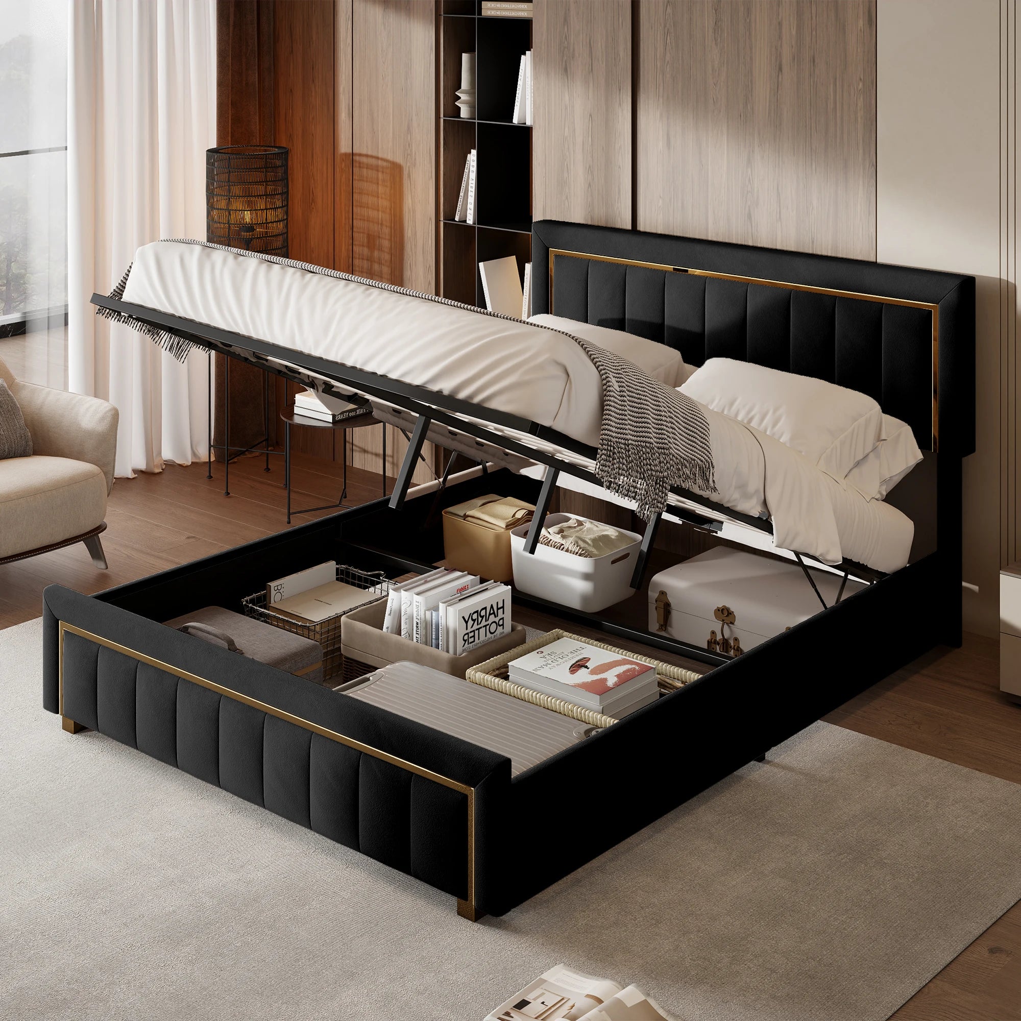Кровать с бархатной обивкой и ящиками для хранения вещей - золотистый металлический каркас и гидравлический подъемник | LUMORA
