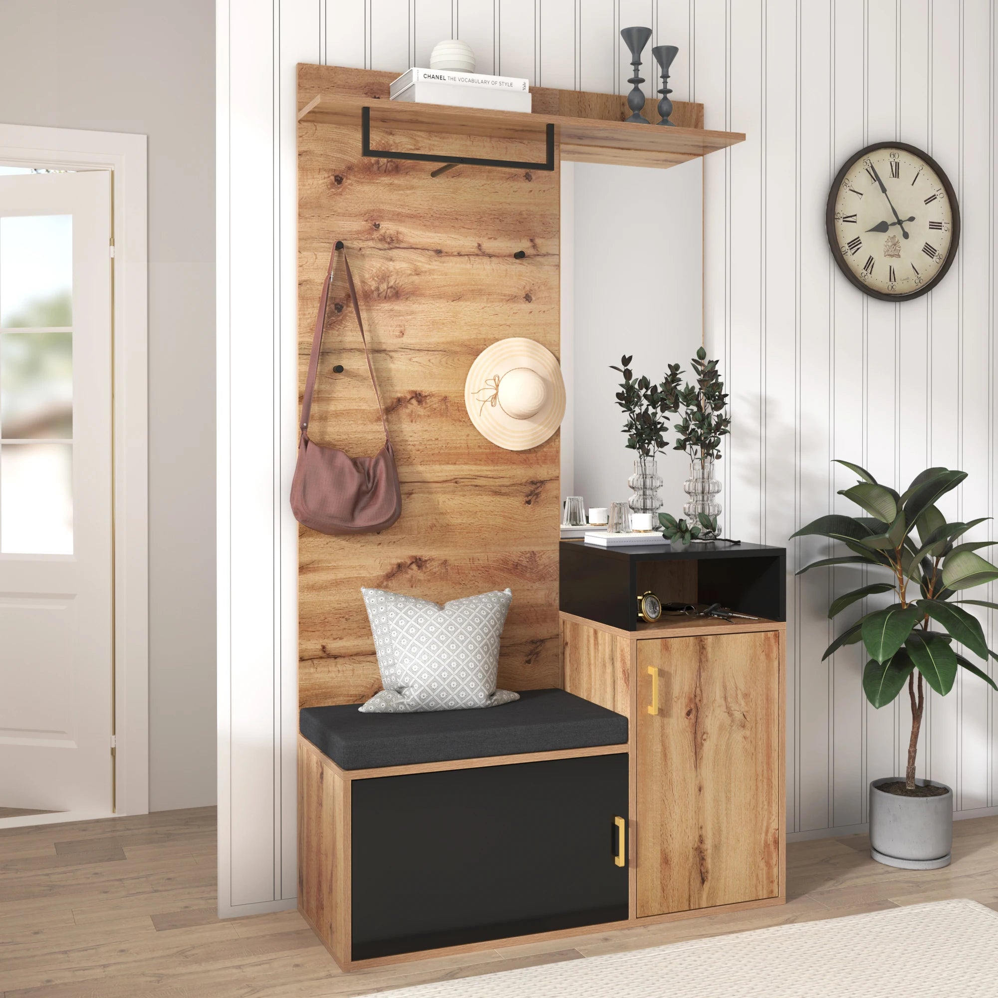 Wardrobe set with 4 coat hooks and mirror